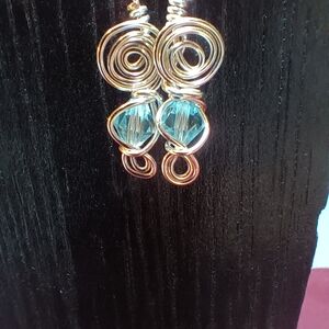 Gold and Blue Wire Wrapped Earrings
